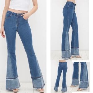 Two Tone Flare BellBottom Patchwork Frayed Hem High Rise Jeans Stretch Denim